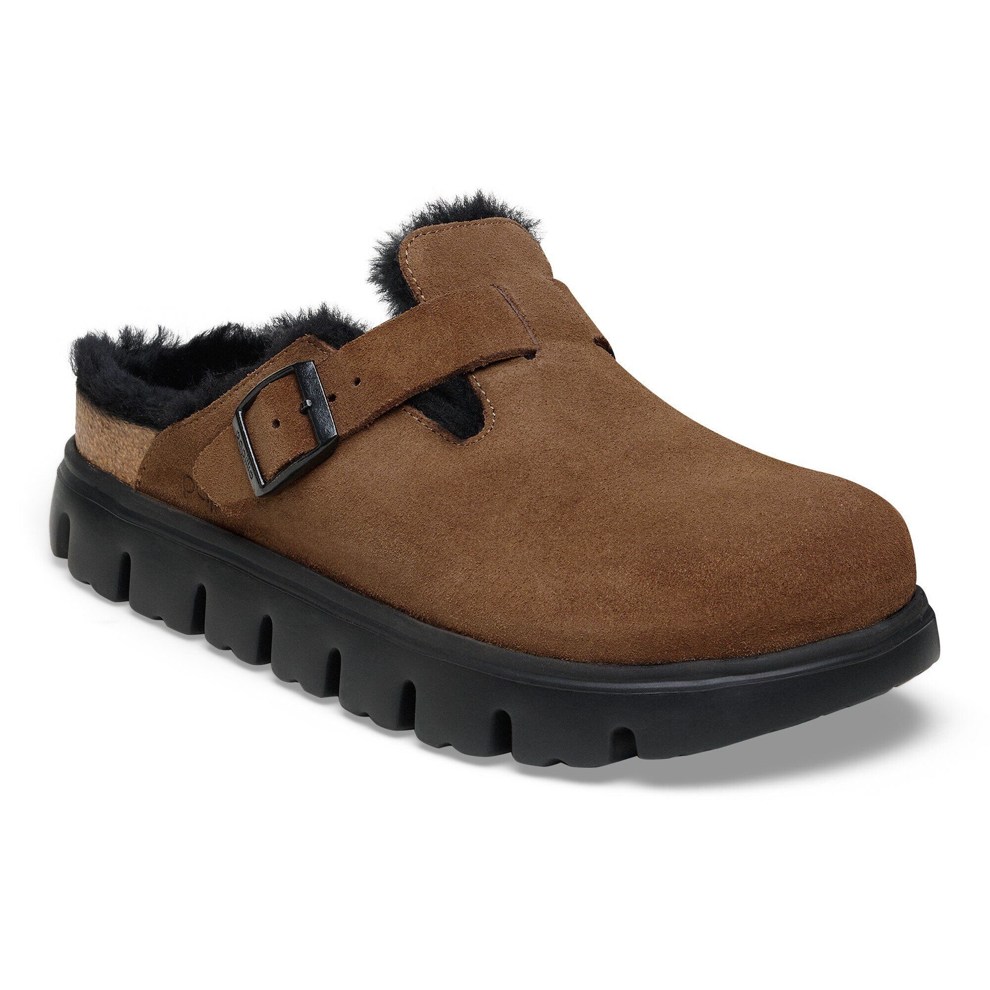 BIRKENSTOCK Boston Chunky Dark Tea Suede leather/Black Sharling fur Regular Fit Str. 41