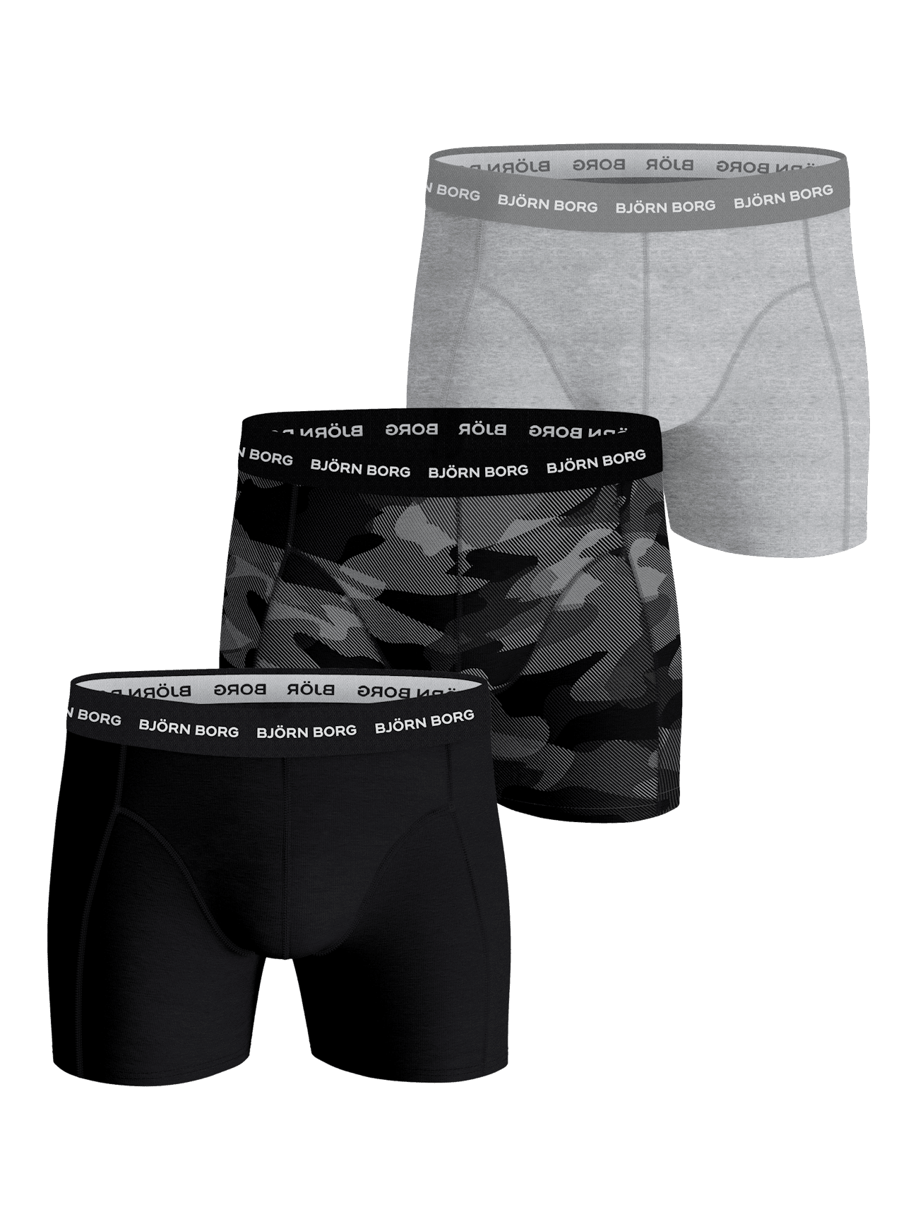 BJÖRN BORG Sort+Lysgrå+Camouflage bomuld stretch boxershorts (3-pack) 95% bomuld, 5% elasthan Str. M